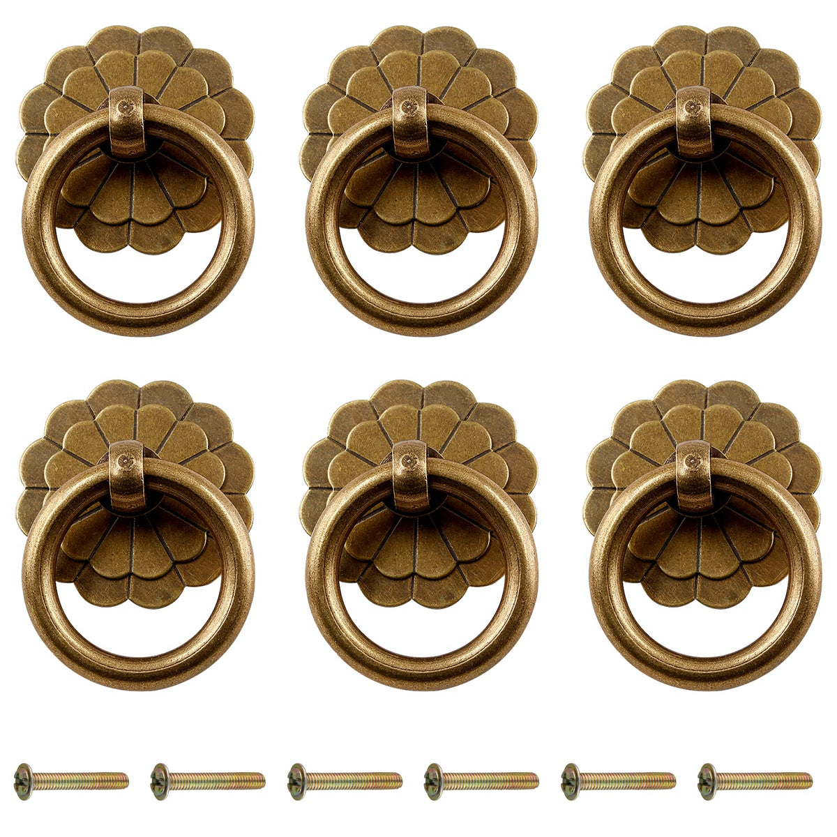 6Pcs Antique Brass Ring Pulls Vintage Cabinet Small Ring