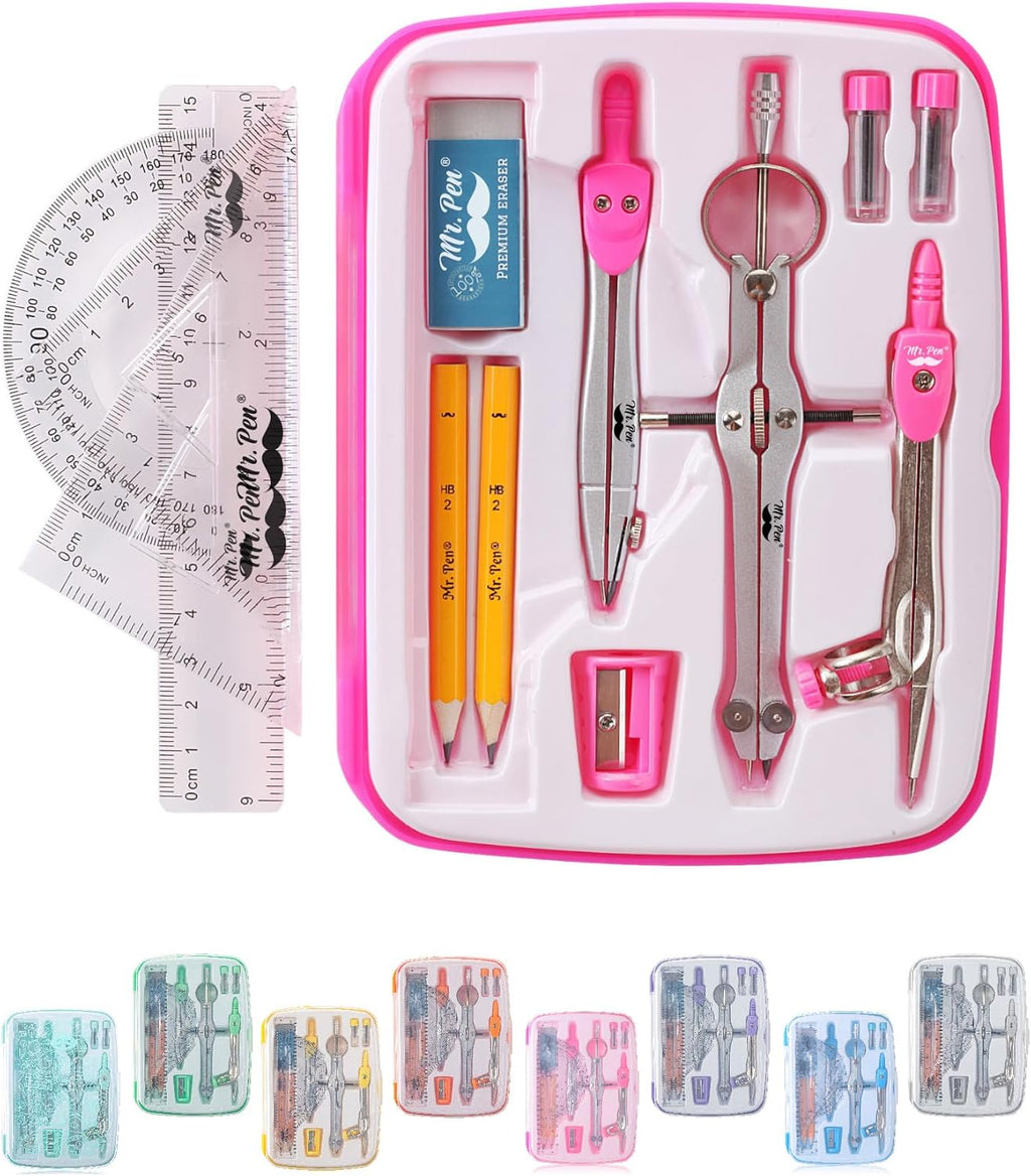 Geometry Set, 13 pcs, 3 Metal Compasses, Protractor, 6" Ruler | 45° & 30°/60° Set Squares, Pencils, Lead Refills