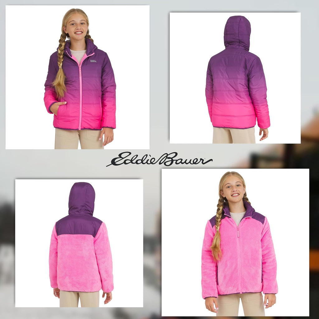 Eddie Bauer Girls' Deer Harbor Reversible Faux Fur Lined Insulated Puffer Jacket