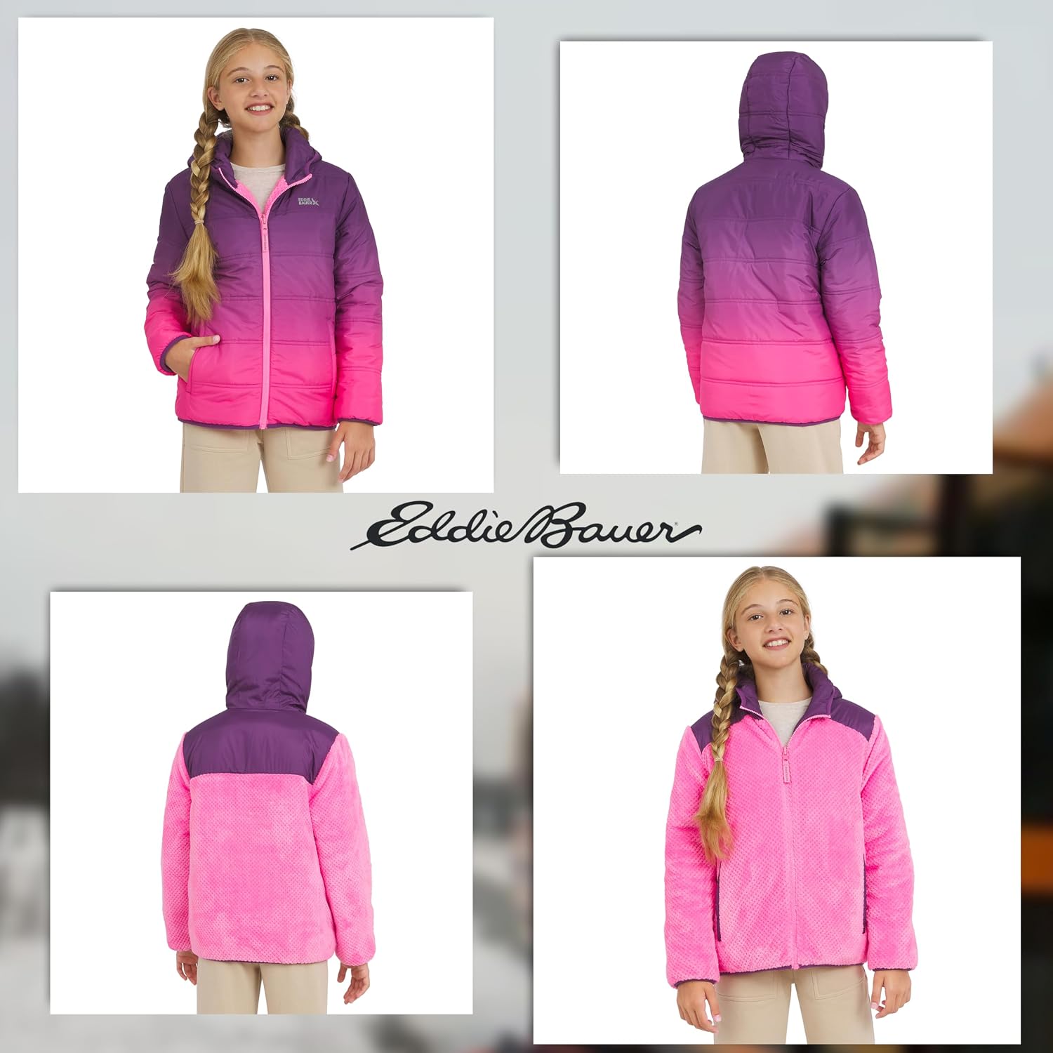 Eddie Bauer Girls' Deer Harbor Reversible Faux Fur Lined Insulated Puffer Jacket