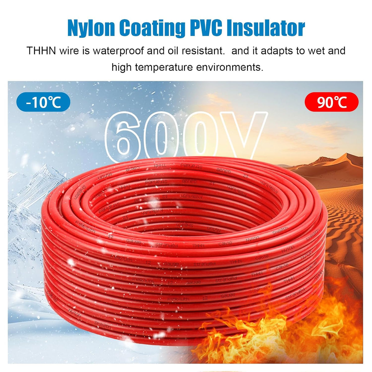 THHN Wire 12 Gauge 50 FT Stranded Copper Wire, Red | 12 AWG Copper Wire Rated up to 600V Building Wire Nylon Jacket
