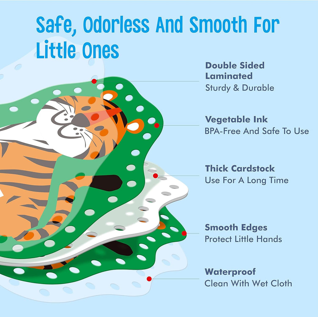 9 Pieces Kids Lacing Cards, Double Sided Sewing Cards in 9 Wild Animals with 9 Colorful Laces, Imagination