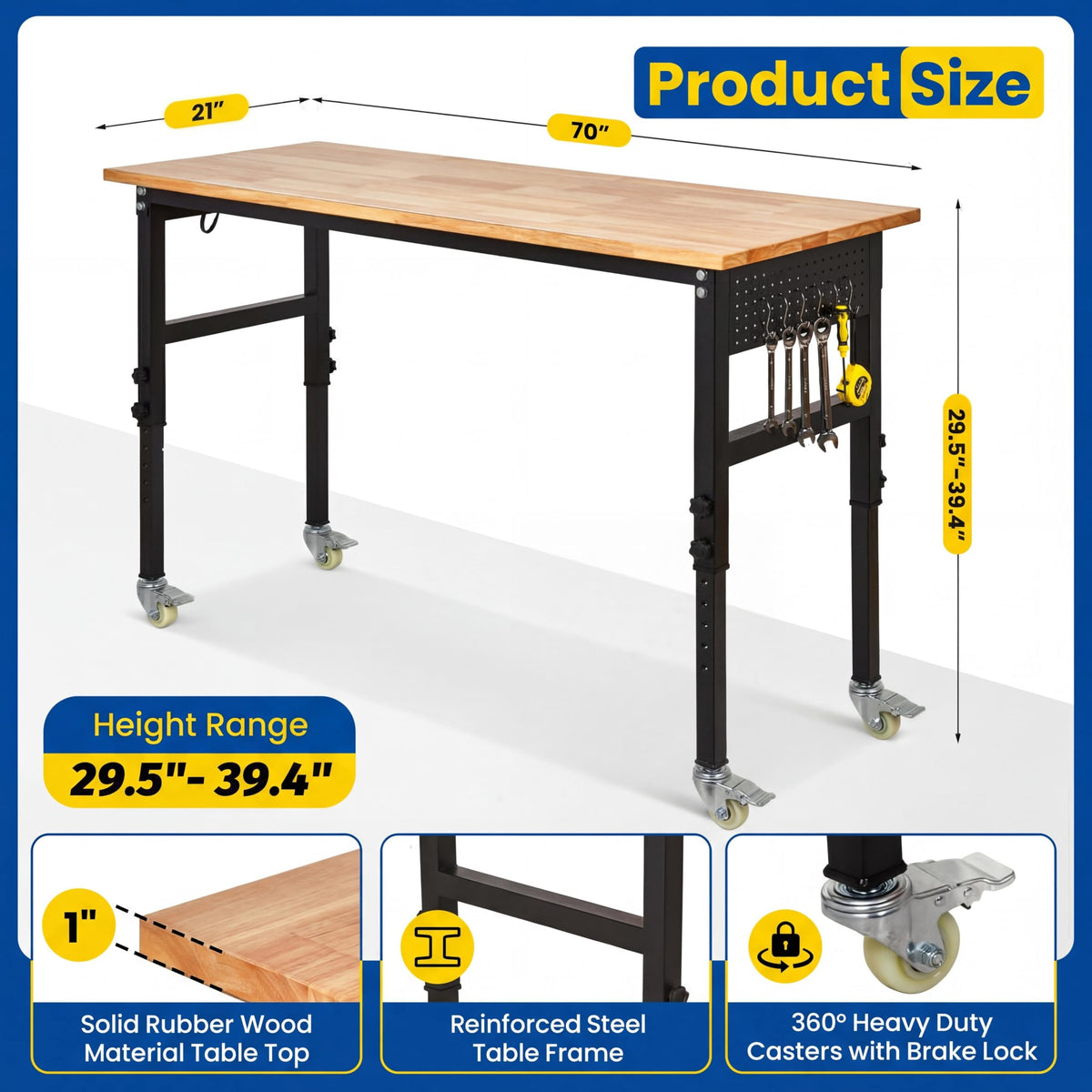 70-Inch Height Adjustable Workbench with Power Outlets, Solid Rubber Wood Top Heavy Duty Garage Tool Table