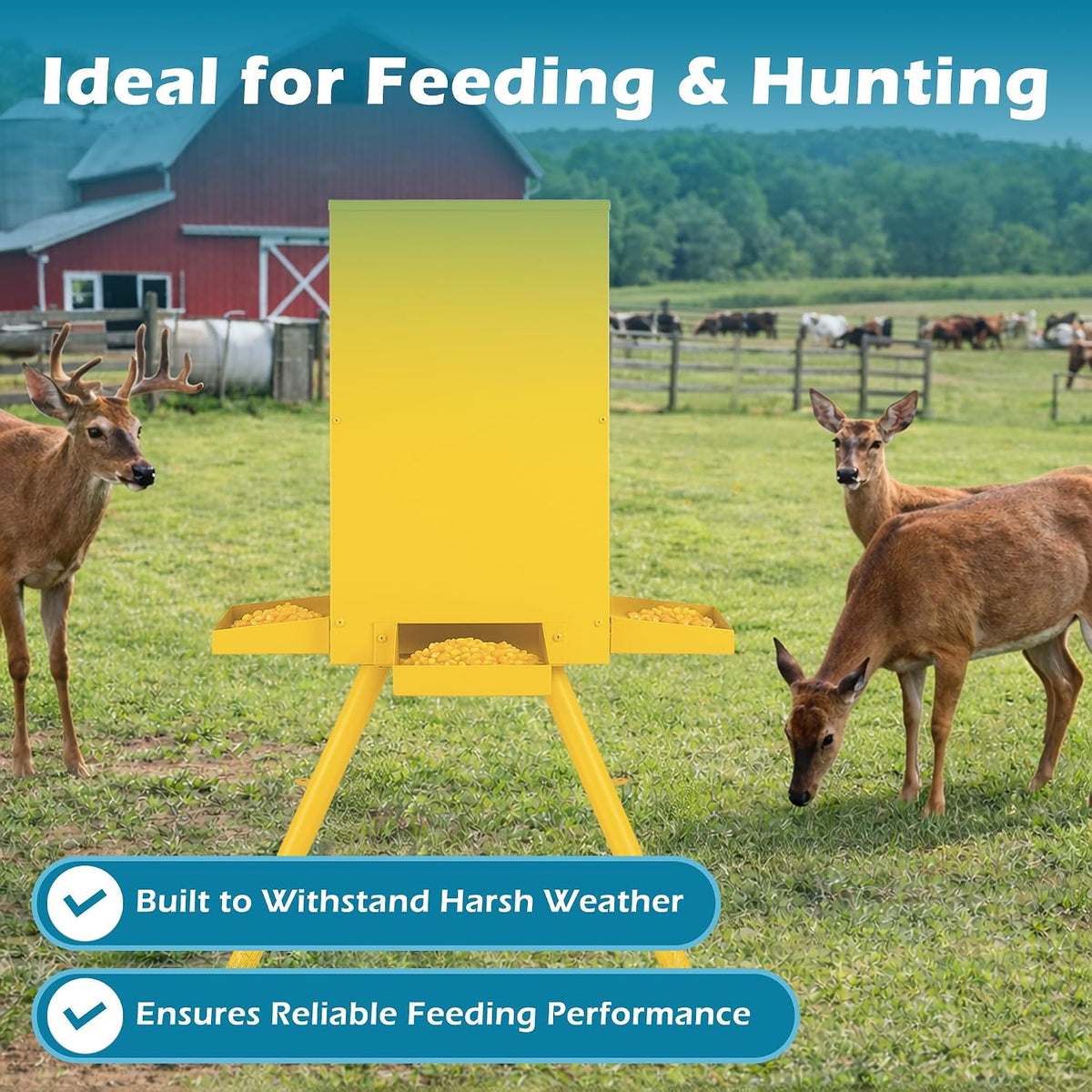 Deer Feeder 60-70 lbs, Weatherproof Deer Feeders, Heavy Duty Metal Gravity Deer Feeder with 4 Feeding Tray and 4-Leg