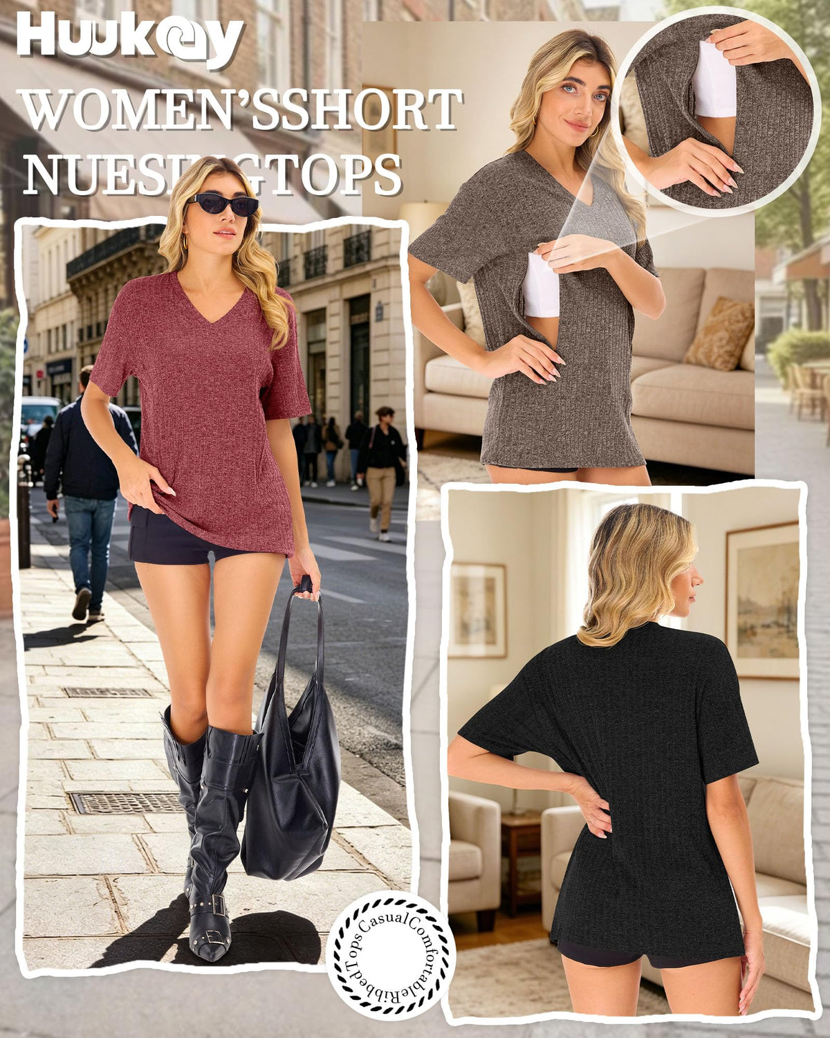 3 Pack Women's V Neck Nursing T-Shirts, 3-Color, Large