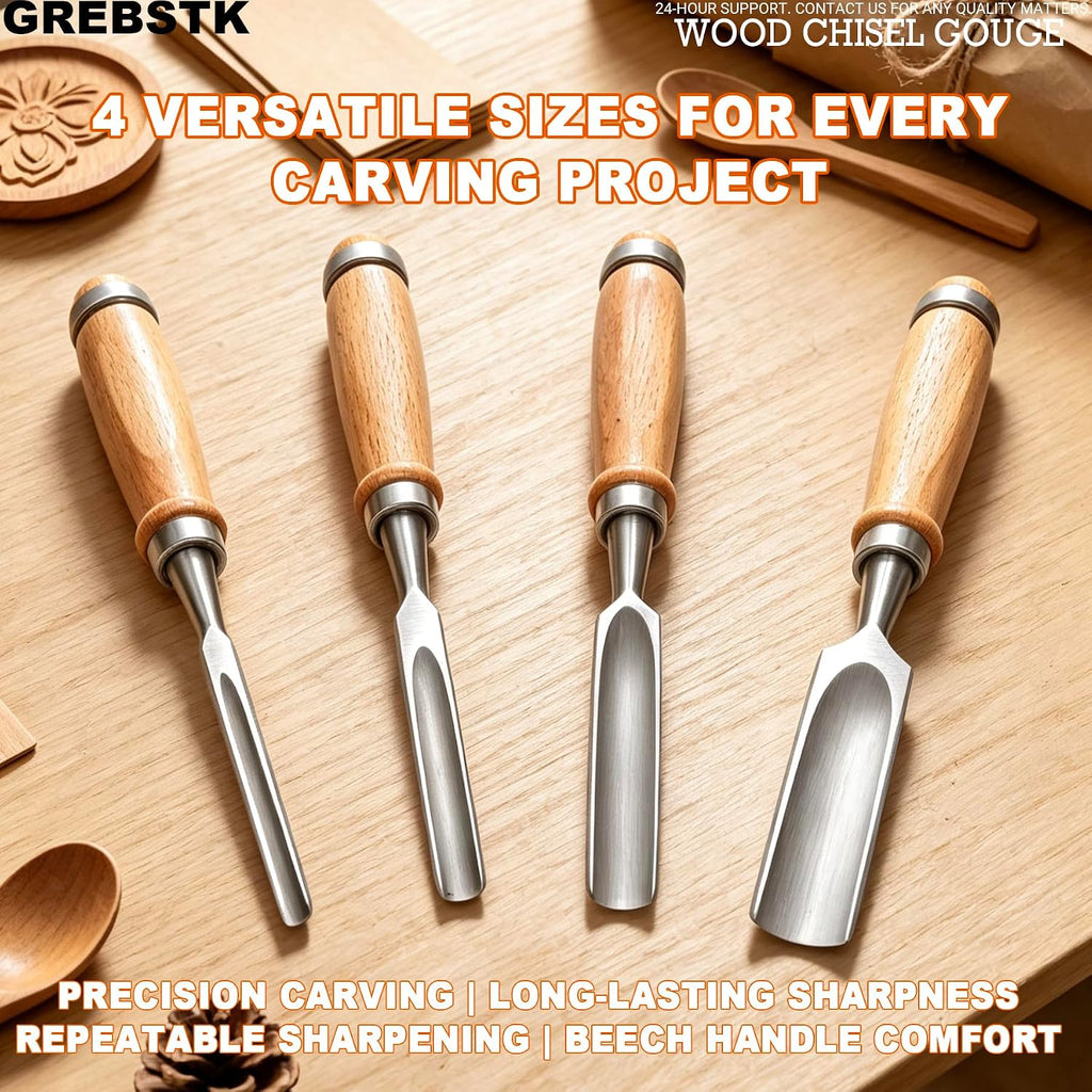 4PC Wood Chisel Gouge Set, CR-V Hardened Semi-Circular Blades, Ergo Grips | Edge Retention, Low-Vibration Cuts