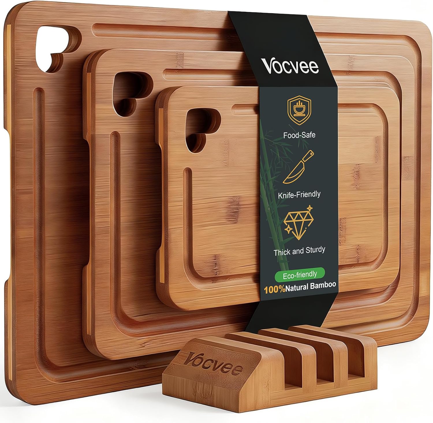 Bamboo Cutting Boards for Kitchen(Set of 3), Wood Cutting Board with Wood Storage Stand, Charcuterie & Chopping Board