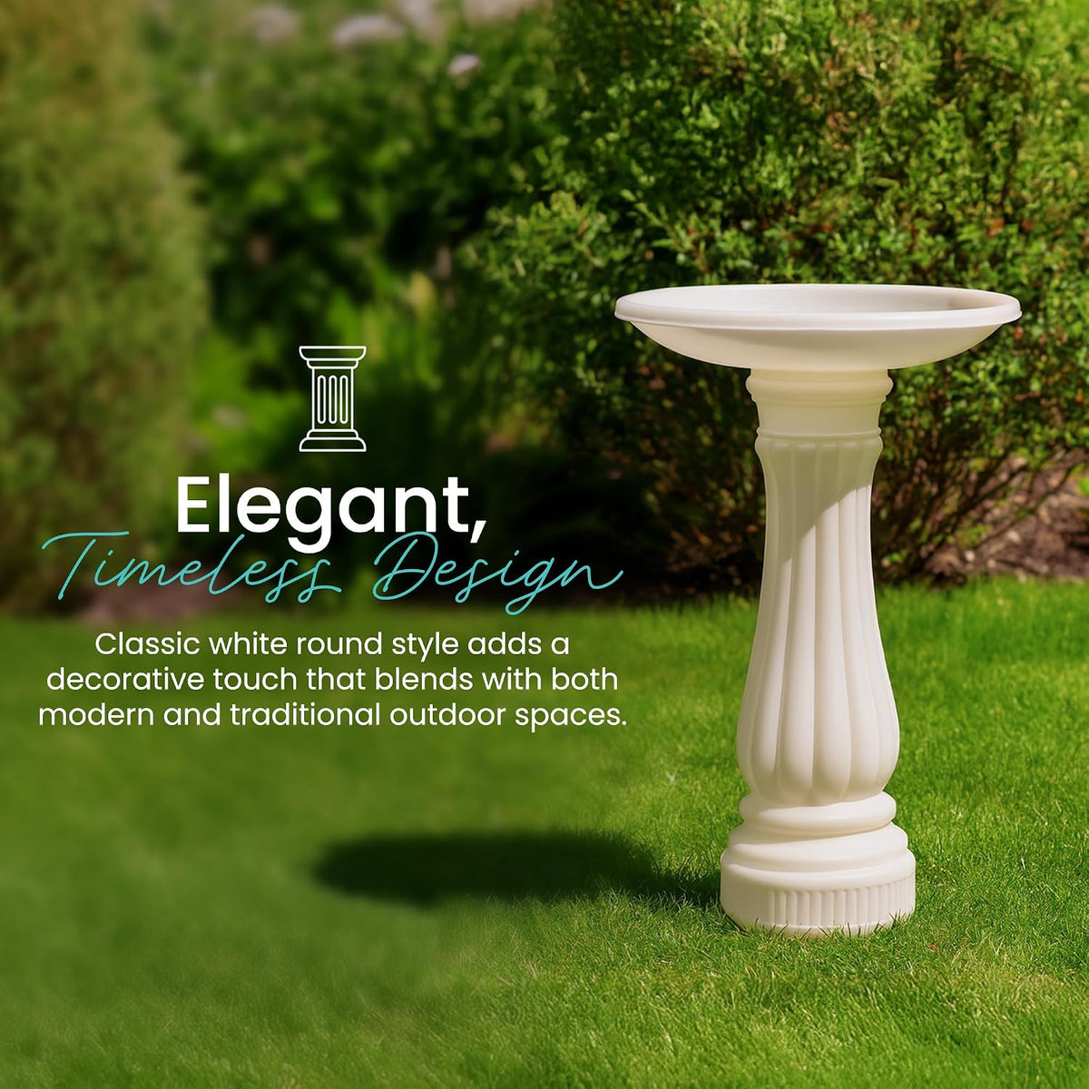 Round Outdoor Bird Bath, Fillable Base, 17" D x 25" H, White