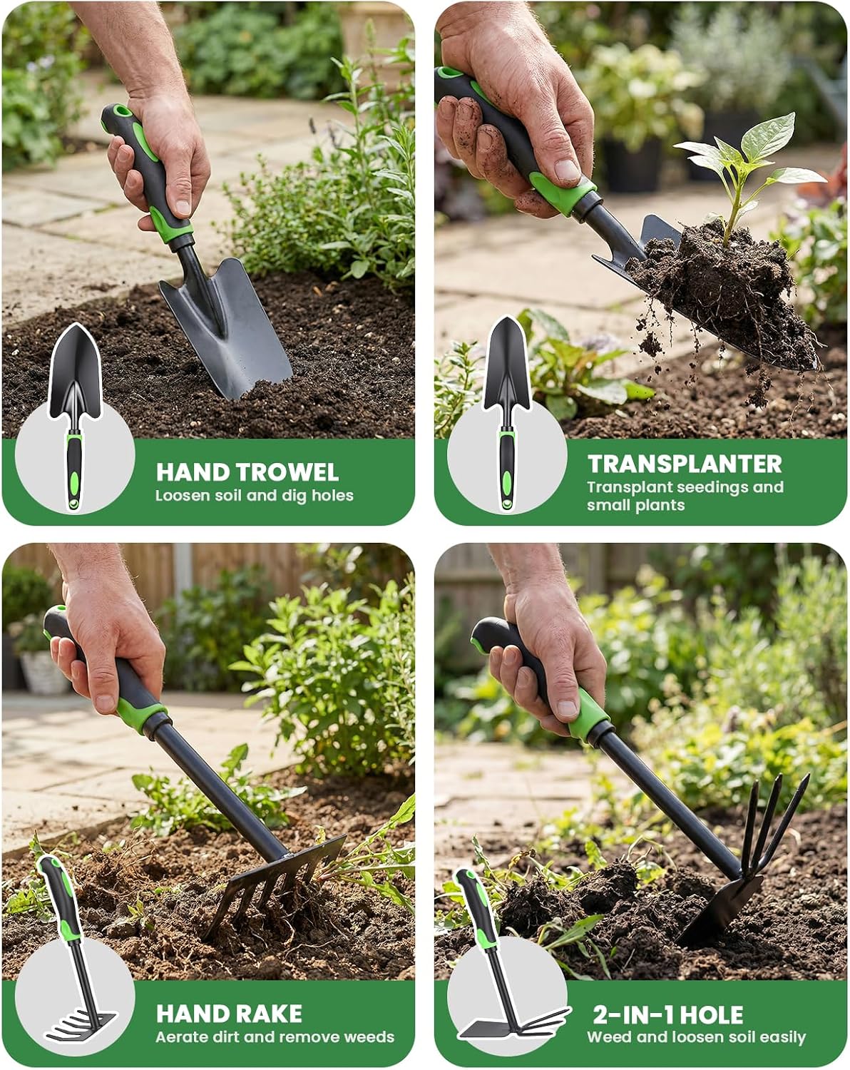 4-Piece Garden Tool Set, Heavy Duty Gardening Hand Tools with Soft Rubber Handle,Green,Premium Stailess Steel,Include