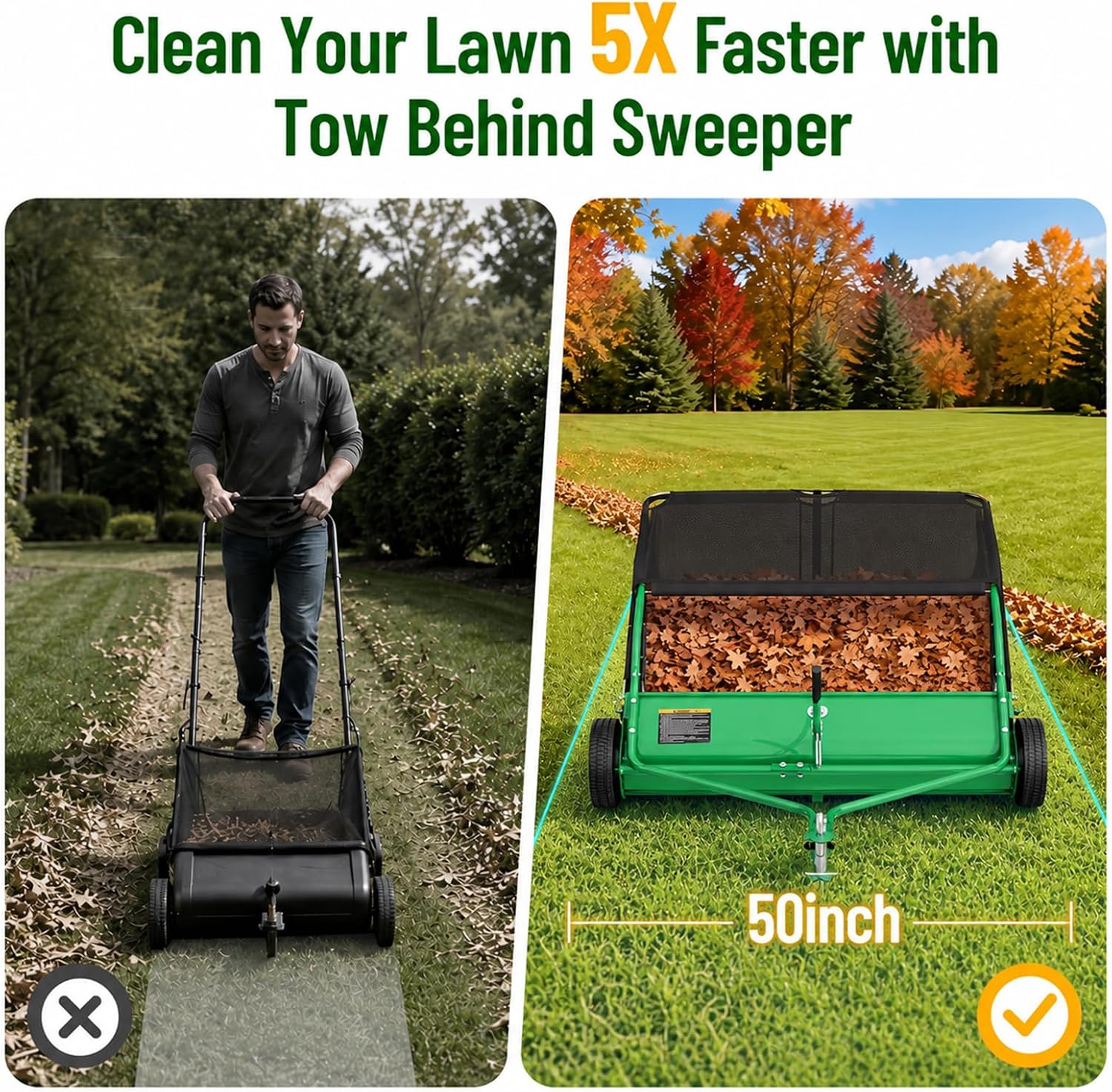 50" Lawn Sweeper Tow Behind, 26 Cu. Ft. Large Capacity Leaf Collector