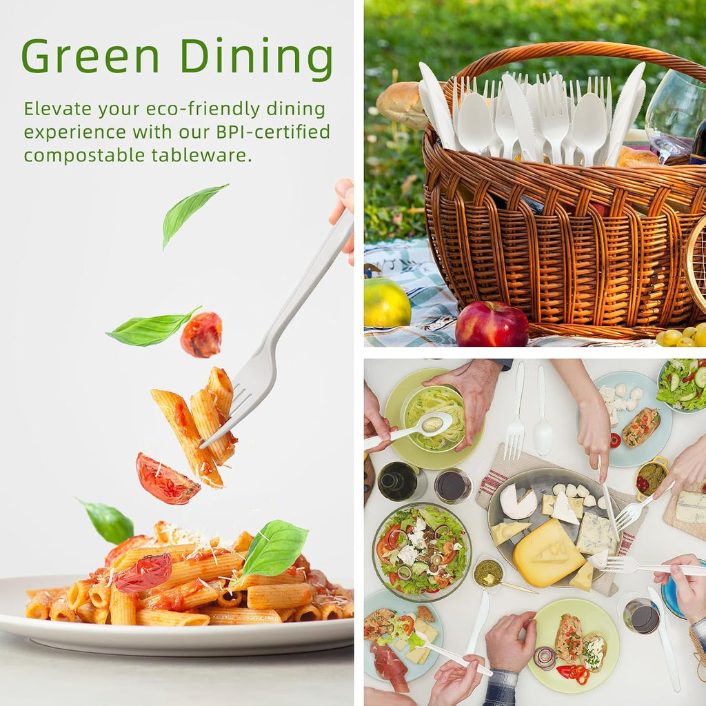 300 Count Compostable Utensils, No Plastic Cutlery Disposable 100 Forks 100 Spoons 100 Knives, White Compostable