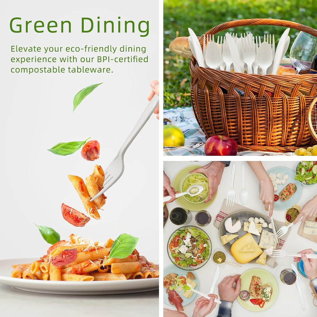 300 Count Compostable Utensils, No Plastic Cutlery Disposable 100 Forks 100 Spoons 100 Knives, White Compostable