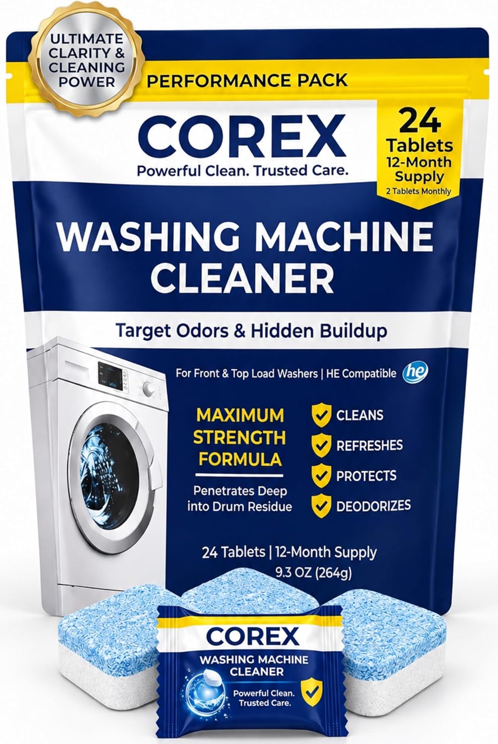Washing Machine Cleaner Tablets, 24 Pack, 1 Year Supply - Descaler & Deodorizer for HE, Front Load & Top Load