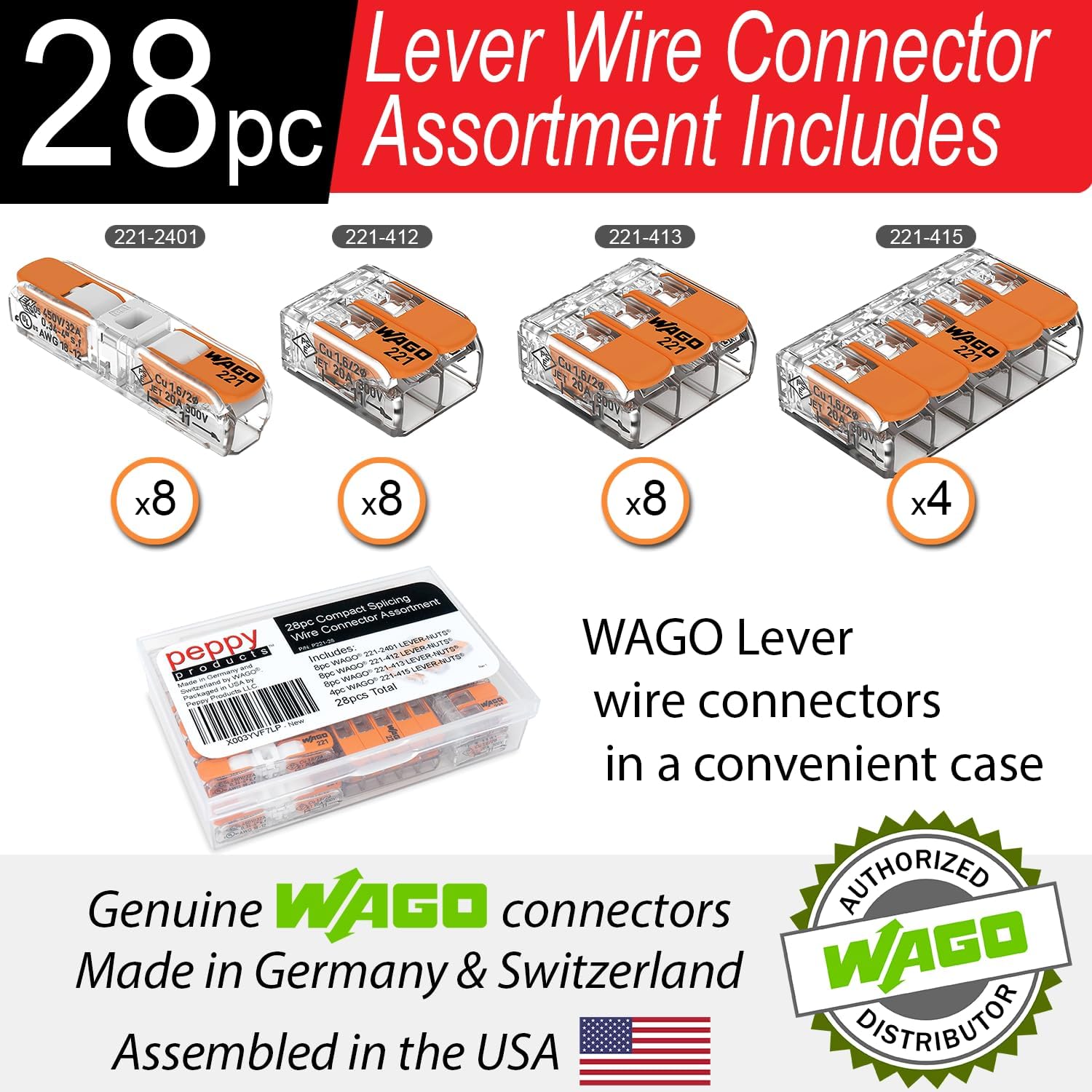 WAGO 221 Lever Nuts 28pc Compact Splicing Wire Connector Assortment with Case | Includes 221-2401, 221-412, 221-413