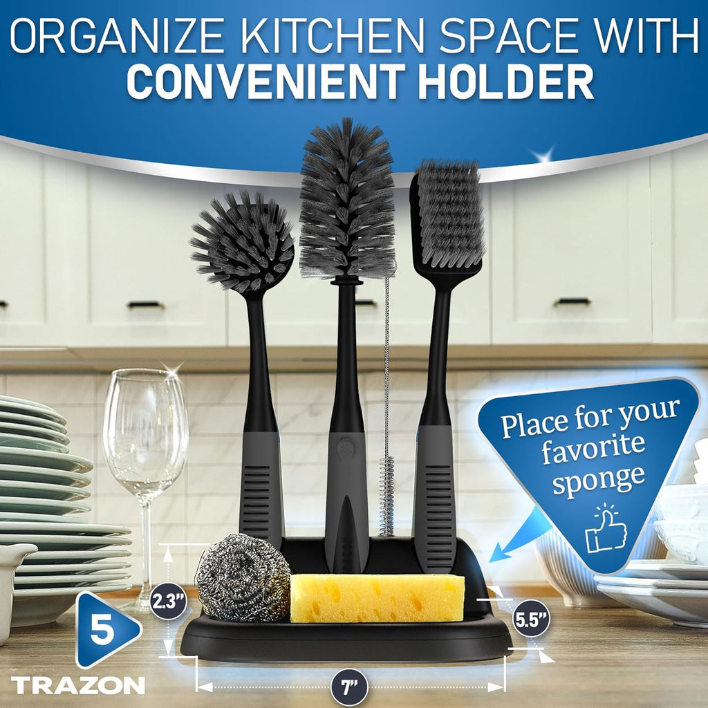 Dish Brush Set of 5 with Holder - Kitchen Scrub Brushes with Non-Slip Long Handle for Cleaning, Scrubber