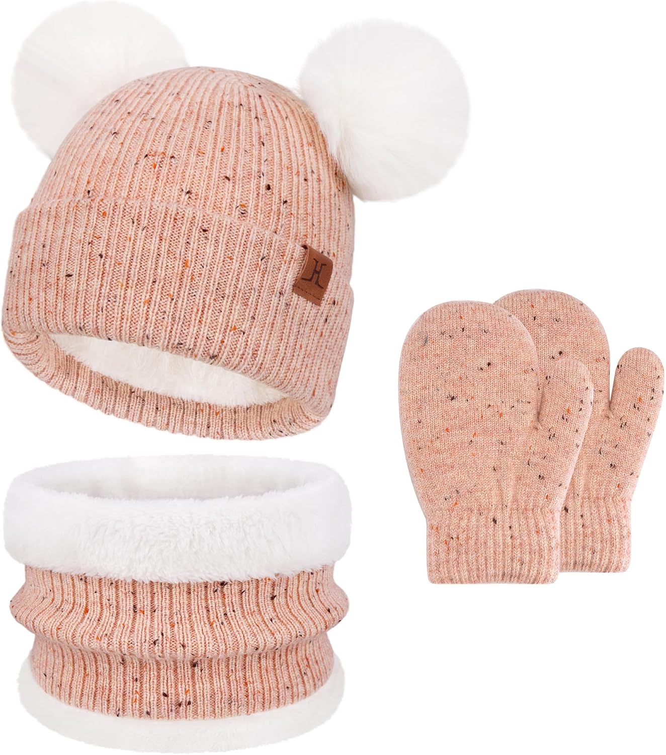 Kid Toddler Winter Beanie Hat Gloves Scarf for 0-4Y Girls | Pompoms Knit Thermal Warm Mittens for 0-6 6-12 12-18