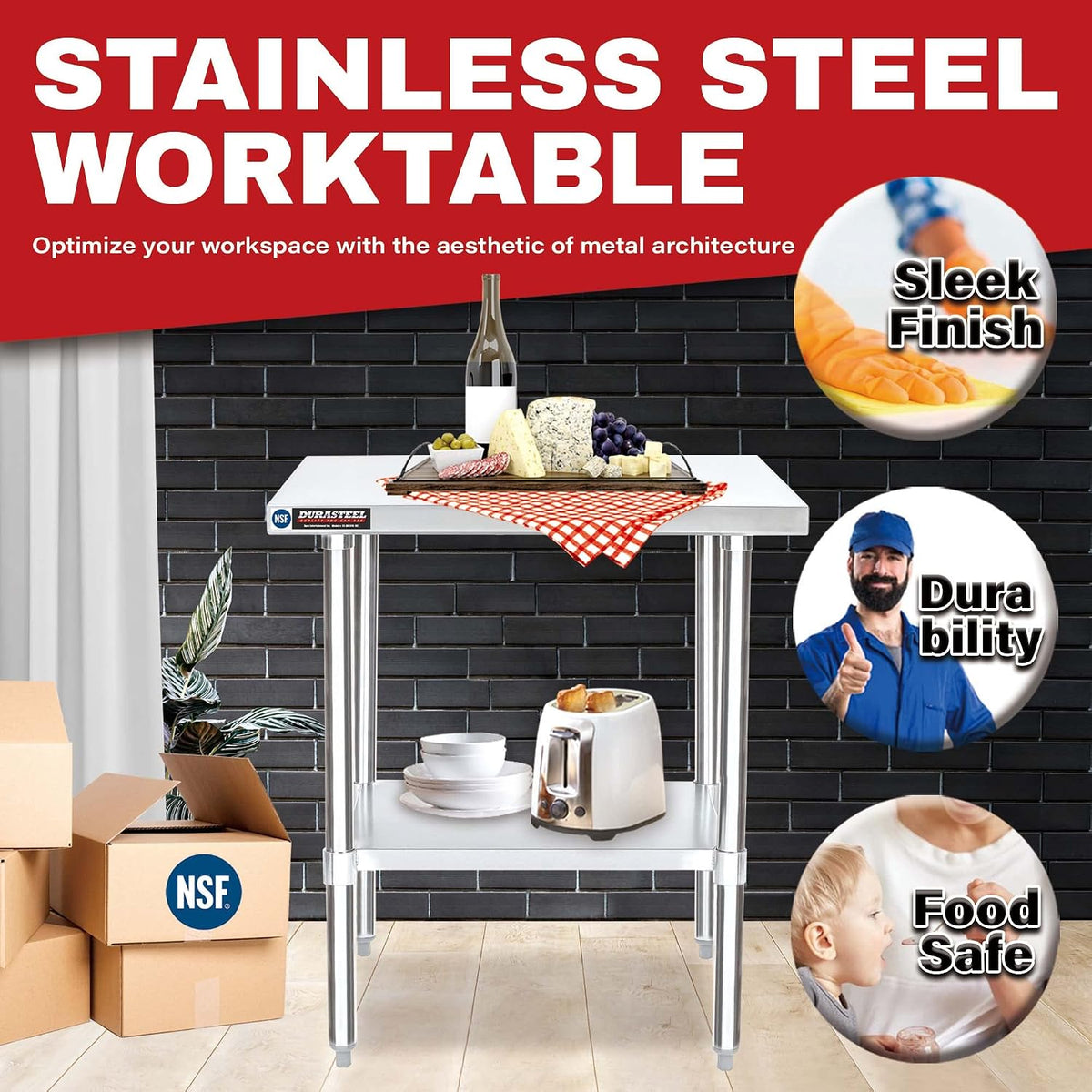30x48 Stainless Steel Work Table - NSF Certified Commercial Prep Table w/Adjustable Under Shelf - Kitchen Island