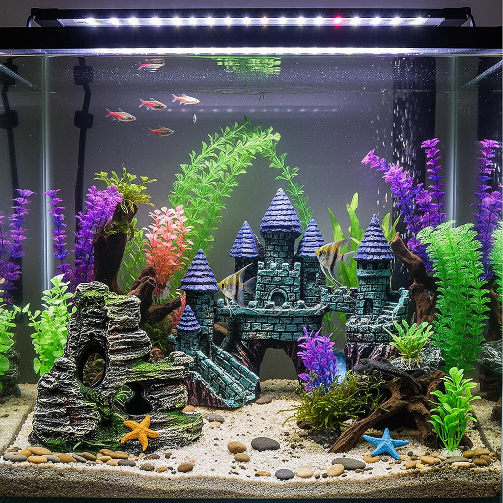 13 Pieces Aquarium Decorations Kit, Fish Tank Decorations Set Small Resin Castle and Rockery Betta Fish Cave Hideout