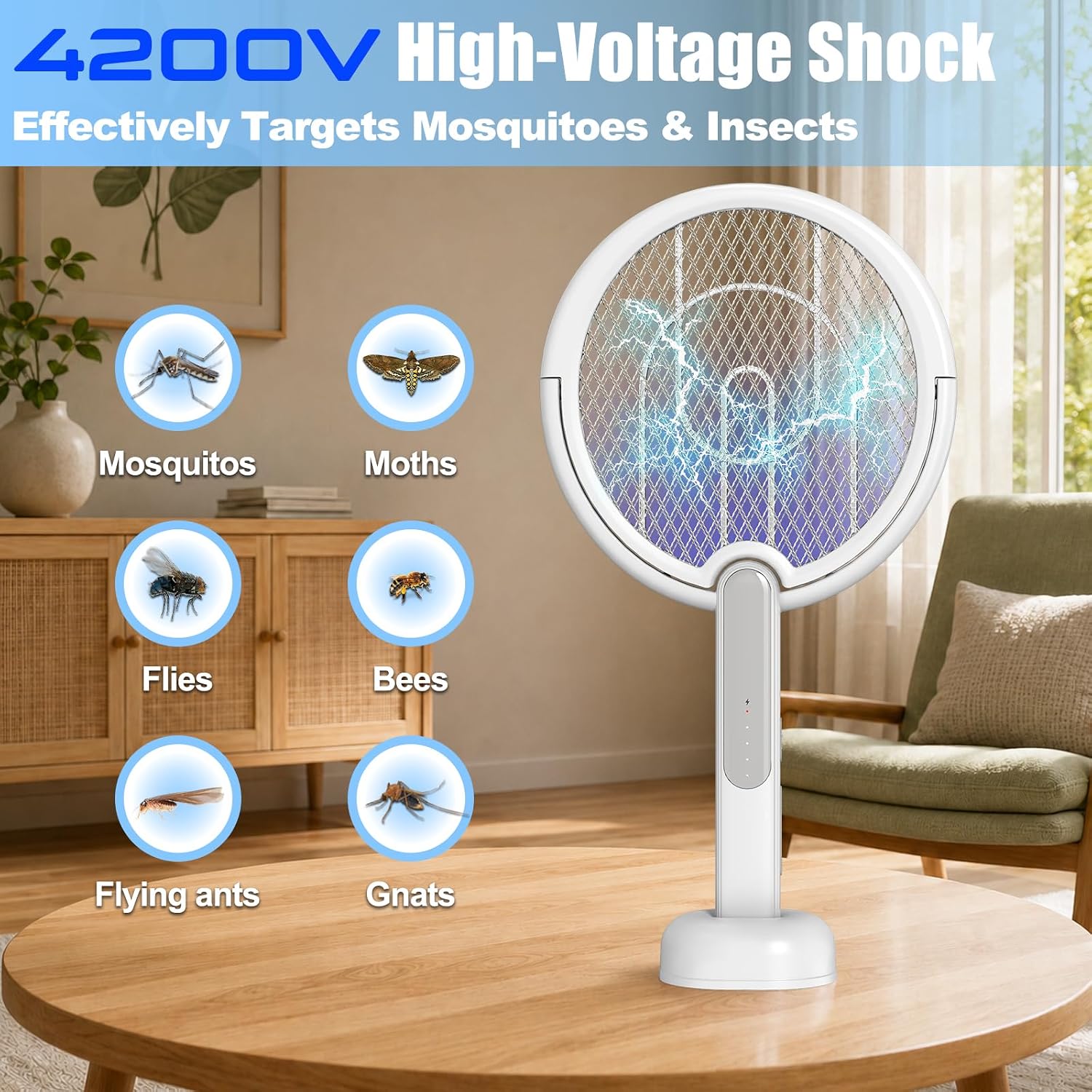 Rotating Head Electric Fly Swatter Racket with Telescoping Handle, 4000 V | Folding Head, Charging Base, USB Charging