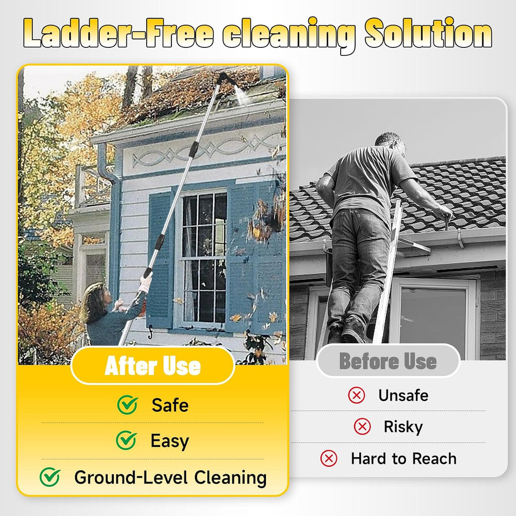 12ft (20ft Reach) Gutter Cleaning Tools from The Ground, Telescoping Rain Gutter Cleaner Tool, 270° Rotatable Gutters