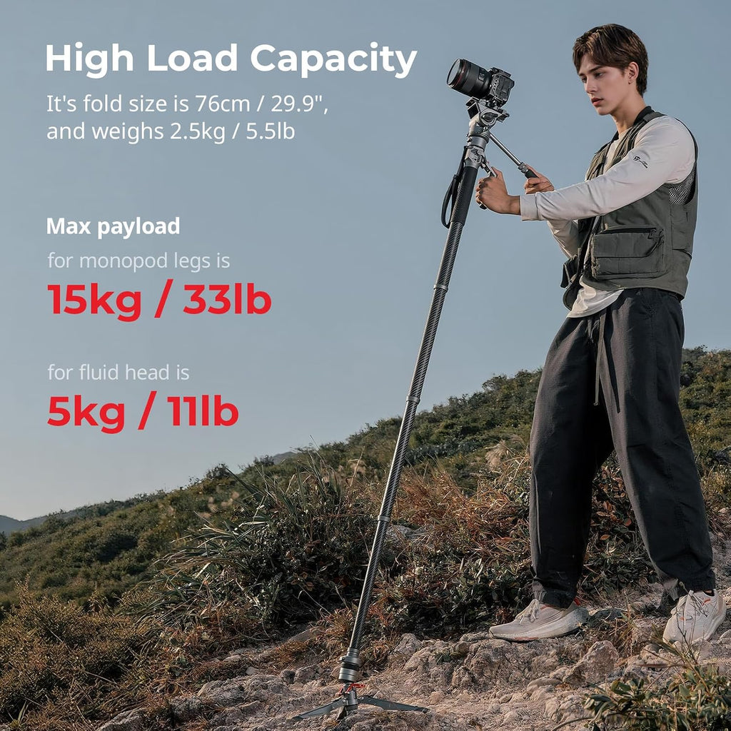68.9"/ 175cm Carbon Fiber Video Monopod for Camera | One-Button Lift & Lock, Video Fluid Head Max. Playload 5kg/
