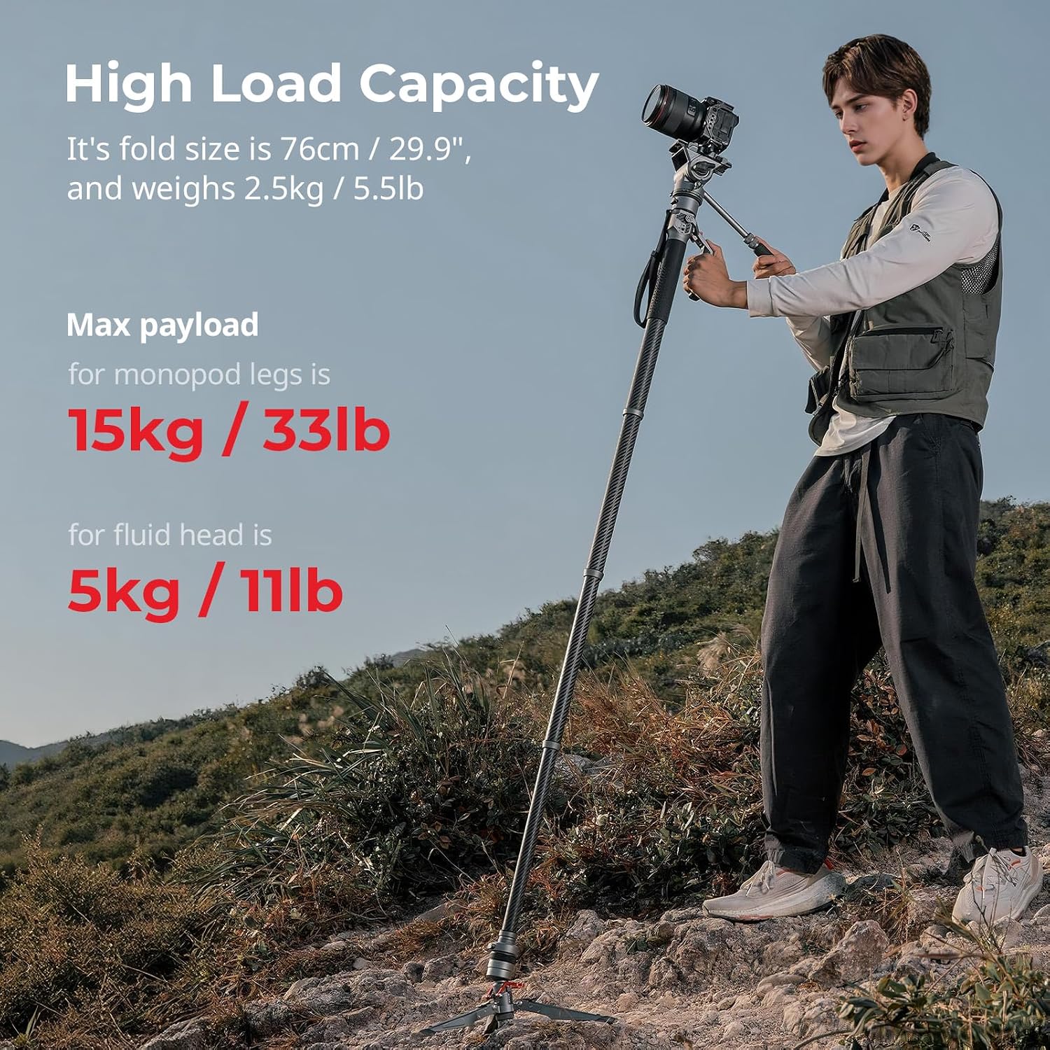 68.9"/ 175cm Carbon Fiber Video Monopod for Camera | One-Button Lift & Lock, Video Fluid Head Max. Playload 5kg/