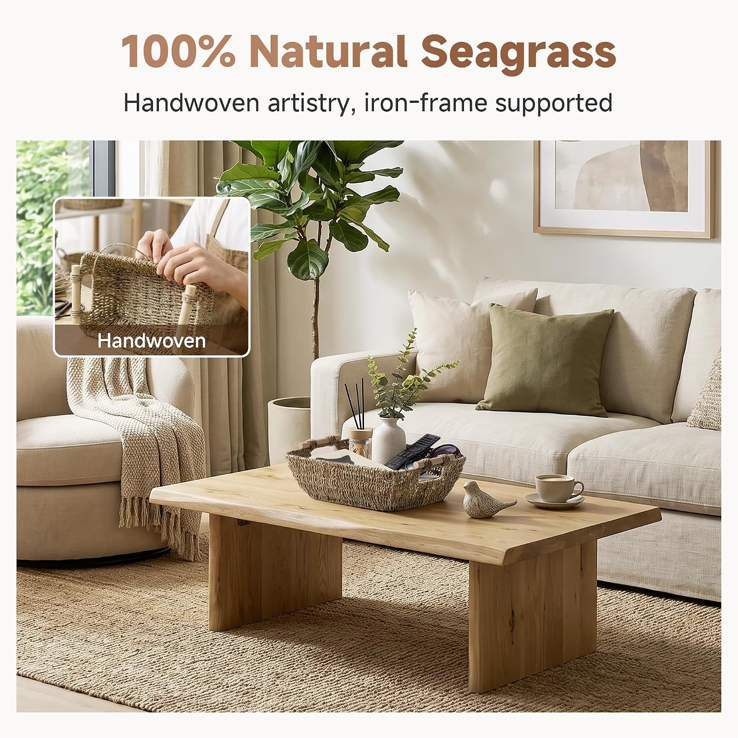 Hand-Woven Large Storage Baskets with Wooden Handles, Seagrass Wicker Baskets for Organizing, 2-Pack