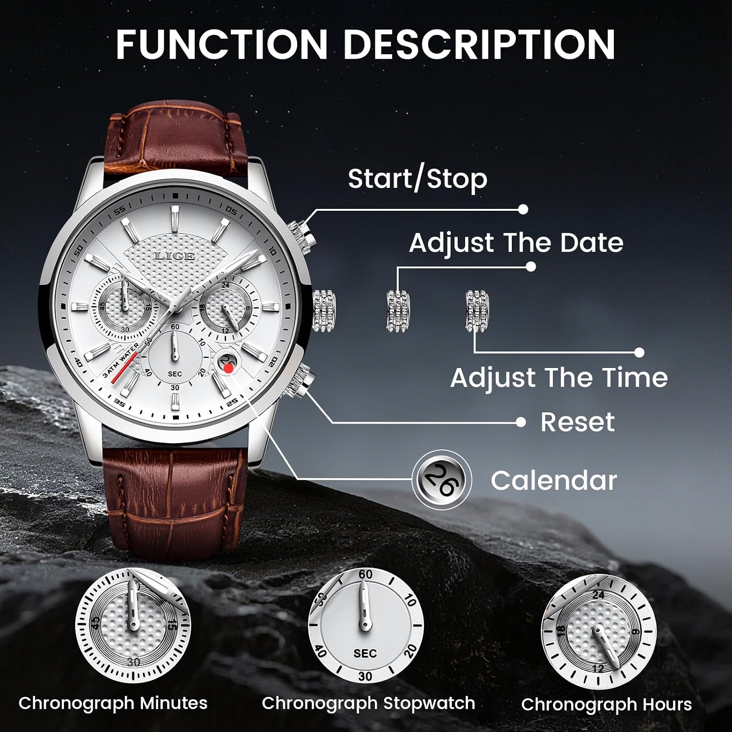 Wrist Leather Watches for Men Analog Dress Chronograph Waterproof Vintage Work Casual Quartz with Date Display