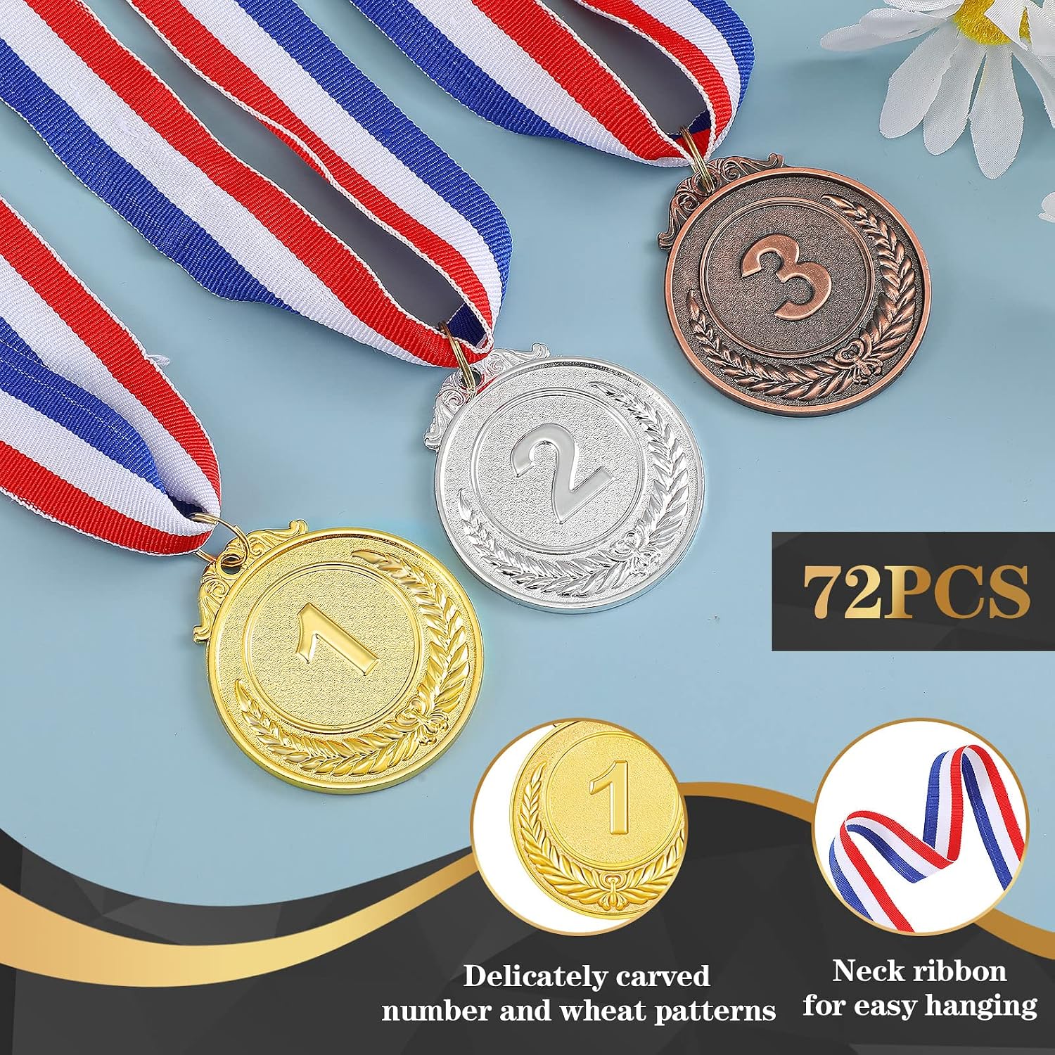72 Pcs Gold Silver Bronze Award Medals Winner Medals Metal Participation Medals with Neck Ribbon 1st 2nd 3rd Prize