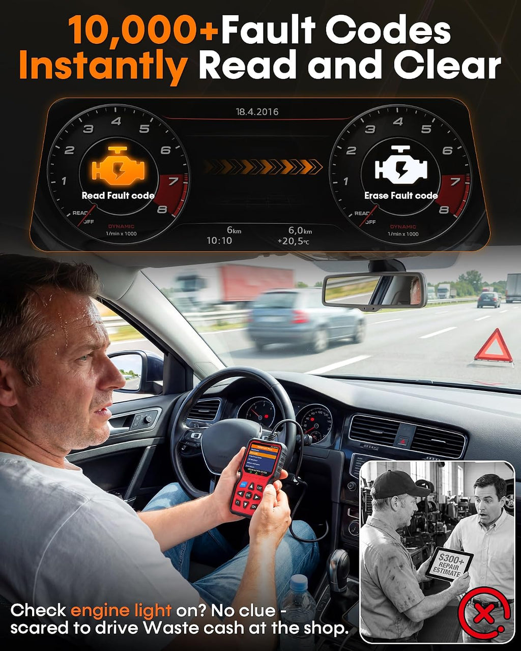 Easy to Use 2-in-1 OBD2 Scanner with Battery Tester: 1S Read & Clear Check Engine Codes + Test Battery in Mins - DIY