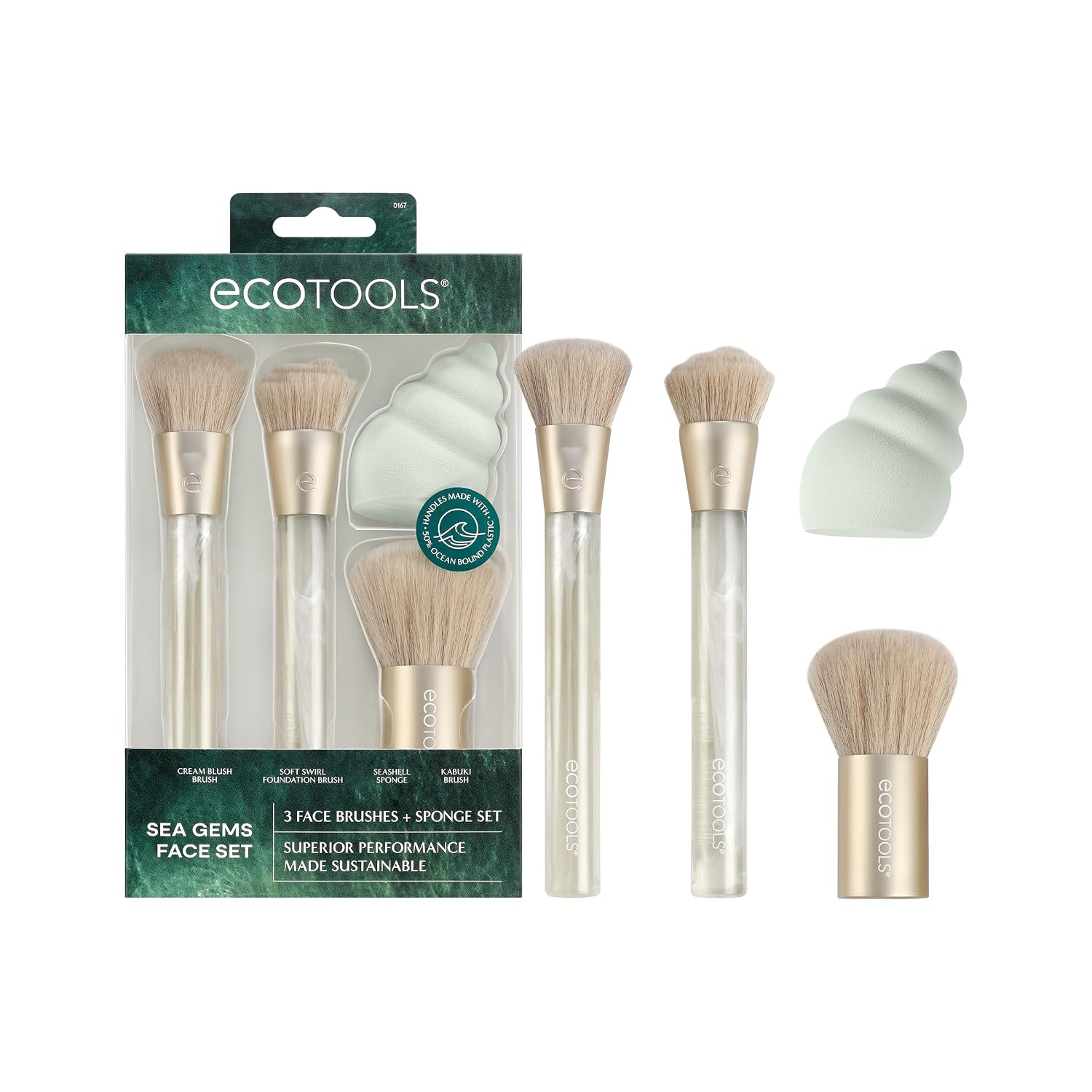 Sea Gems Face Makeup Brush & Sponge 4-Piece Set | Blend an even base with a makeup brush set with beauty sponge
