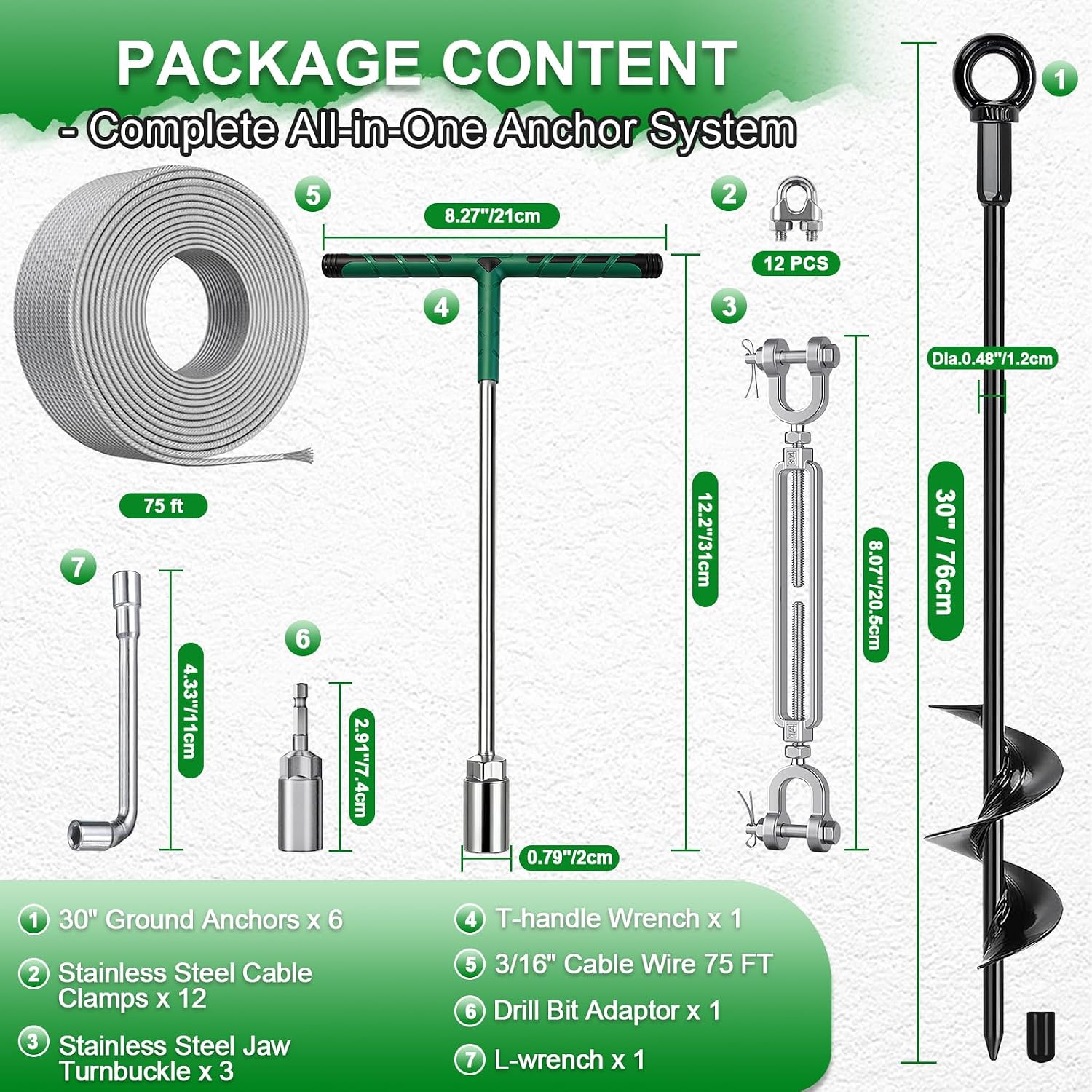 30 Inch Ground Anchors Screw in Shed Anchors to Ground Kit with Cable, Turnbuckles, Spiral Earth Anchor Kit for