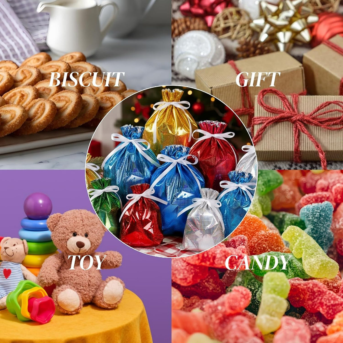 24 Pcs Christmas Drawstring Gift Bag, Wrapping Bag Bulk with Tags
