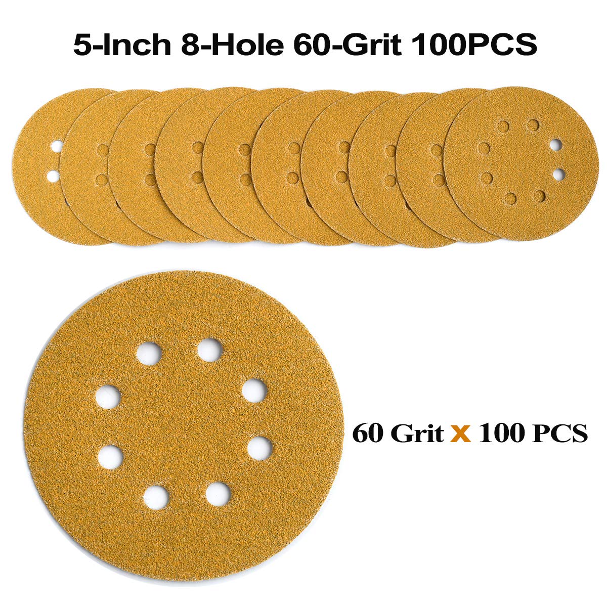 5-Inch 8-Hole Hook and Loop Sanding Discs 60-Grit, 100-Pack