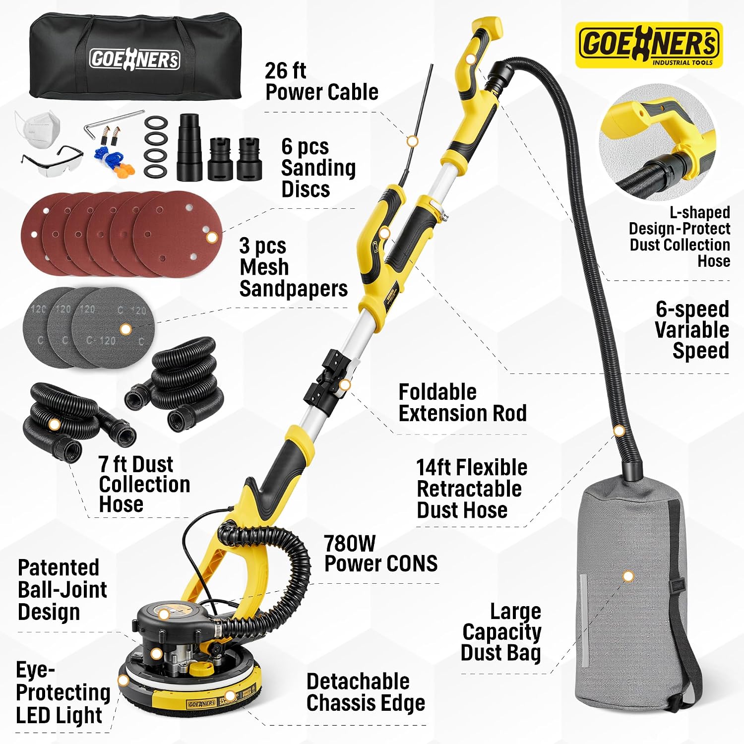 Drywall Sander with Vacuum Dust Collection, 99% Dust-Free Electric Pole Sander for Drywall, 6A 780W 7 Variable Speed