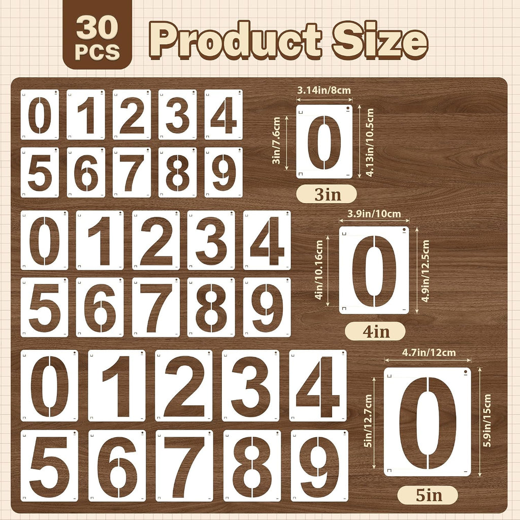 3,4,5 Inch Number Stencils, 30Pcs Plastic Reusable Washable Curb Stencil Kit for Address Painting, 0-9 Large Number