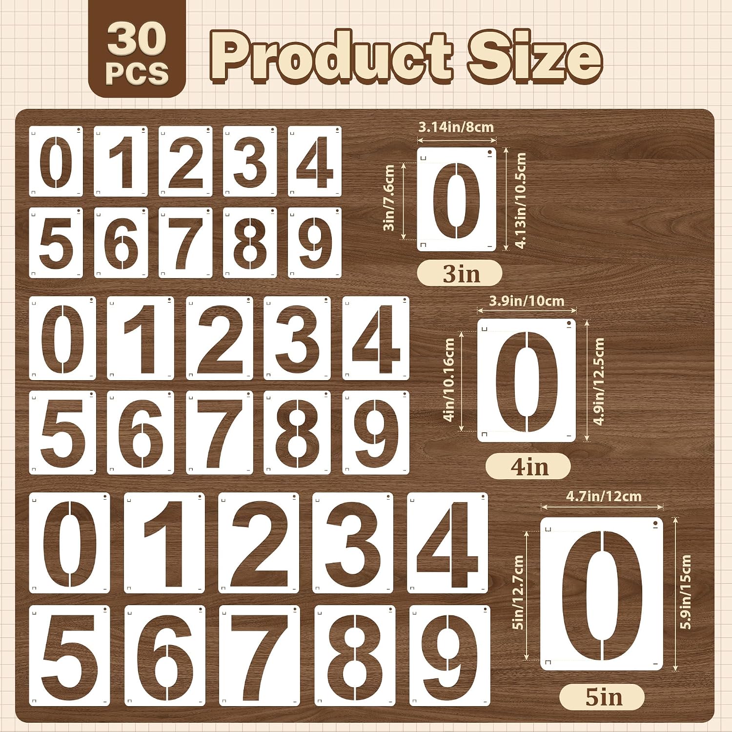 3,4,5 Inch Number Stencils, 30Pcs Plastic Reusable Washable Curb Stencil Kit for Address Painting, 0-9 Large Number