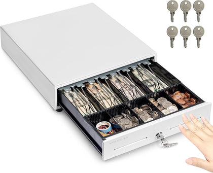 13" Manual Push Open Cash Register Drawer for Point of Sale (POS) System, White Heavy Duty Till with 4 Bills and 5