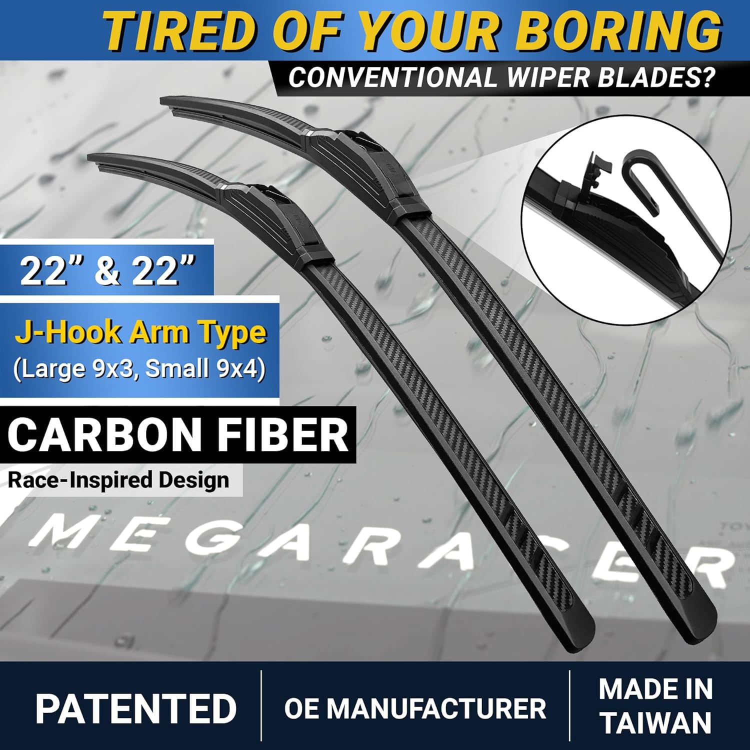 Premium Silicone Carbon Fiber Windshield Wiper Blades 22" & 22" - Patented All-Season, Quiet & Smooth Streak-Free