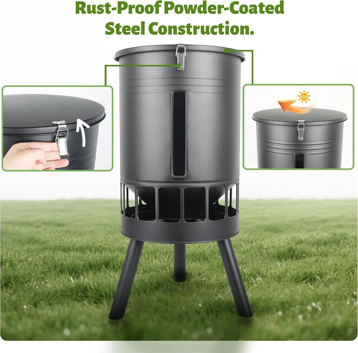 50LB Metal Chicken Feeder - Anti-Waste Design, 16 Ports, Black