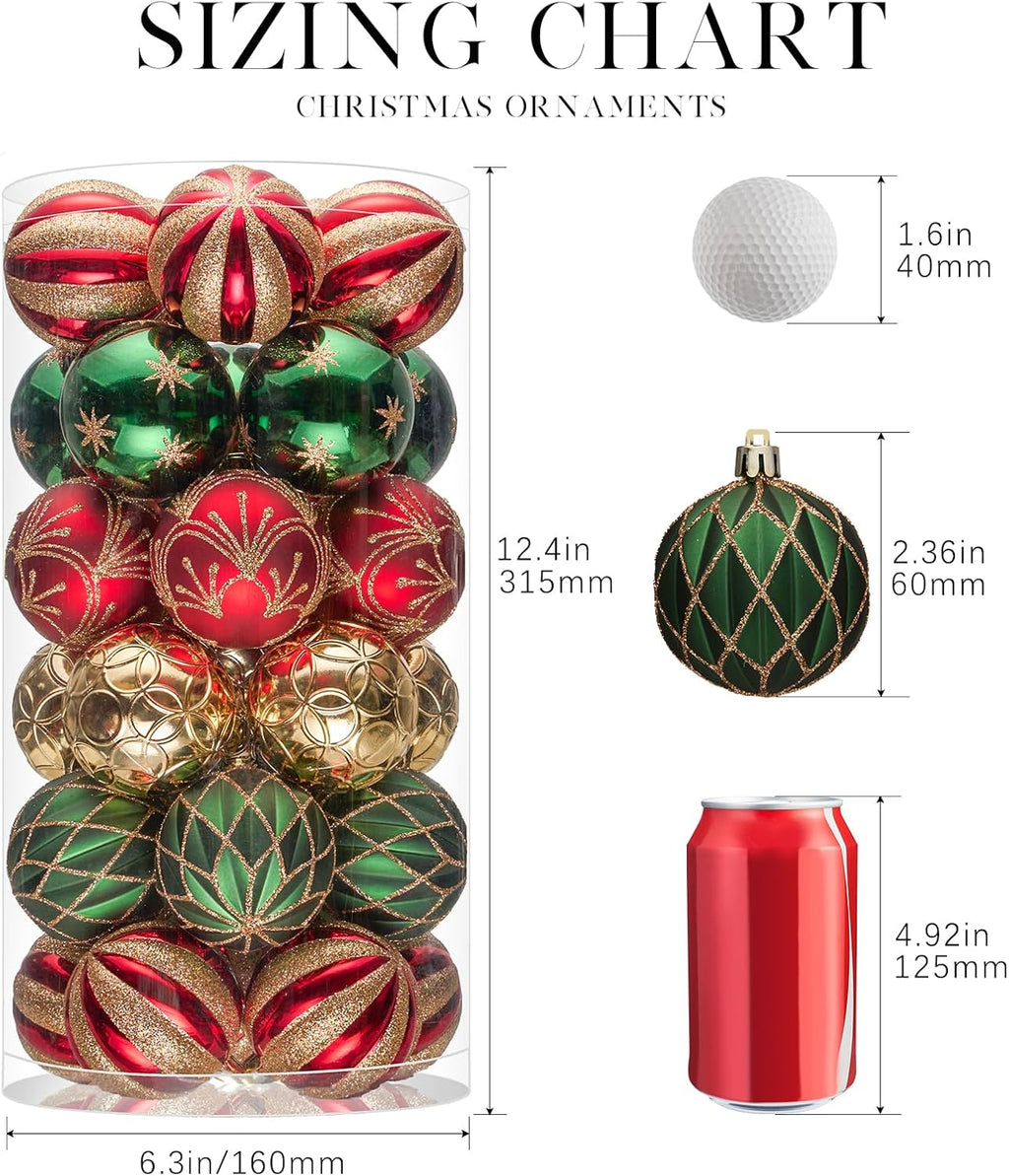 Christmas Balls Ornaments, 30ct Shatterproof Xmas Tree Decorations, Hanging Bulbs Baubles Set with String for Holiday