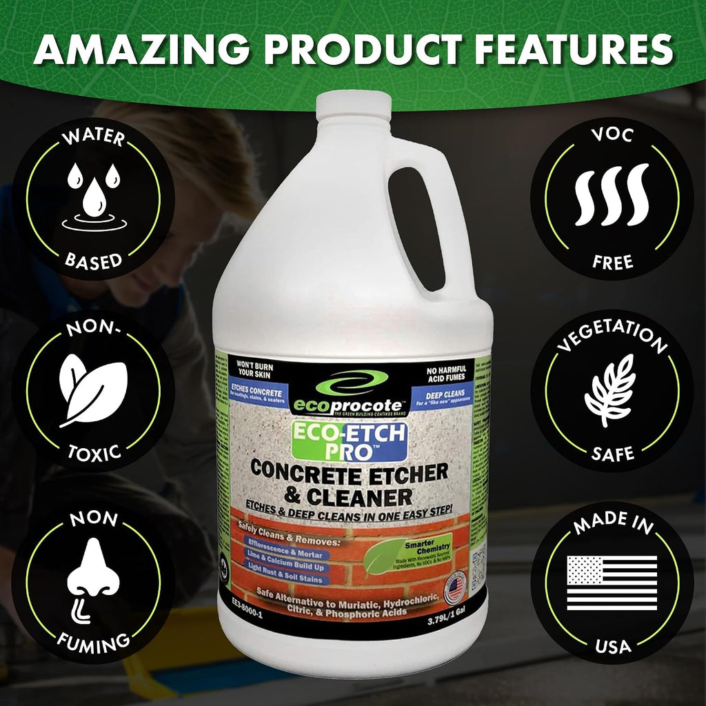 Eco Etch Pro Concrete Cleaner & Etcher Dissolver, Non-Toxic & Safe,1 Gallon | Efflorescence, Rust & Dirt Remover from