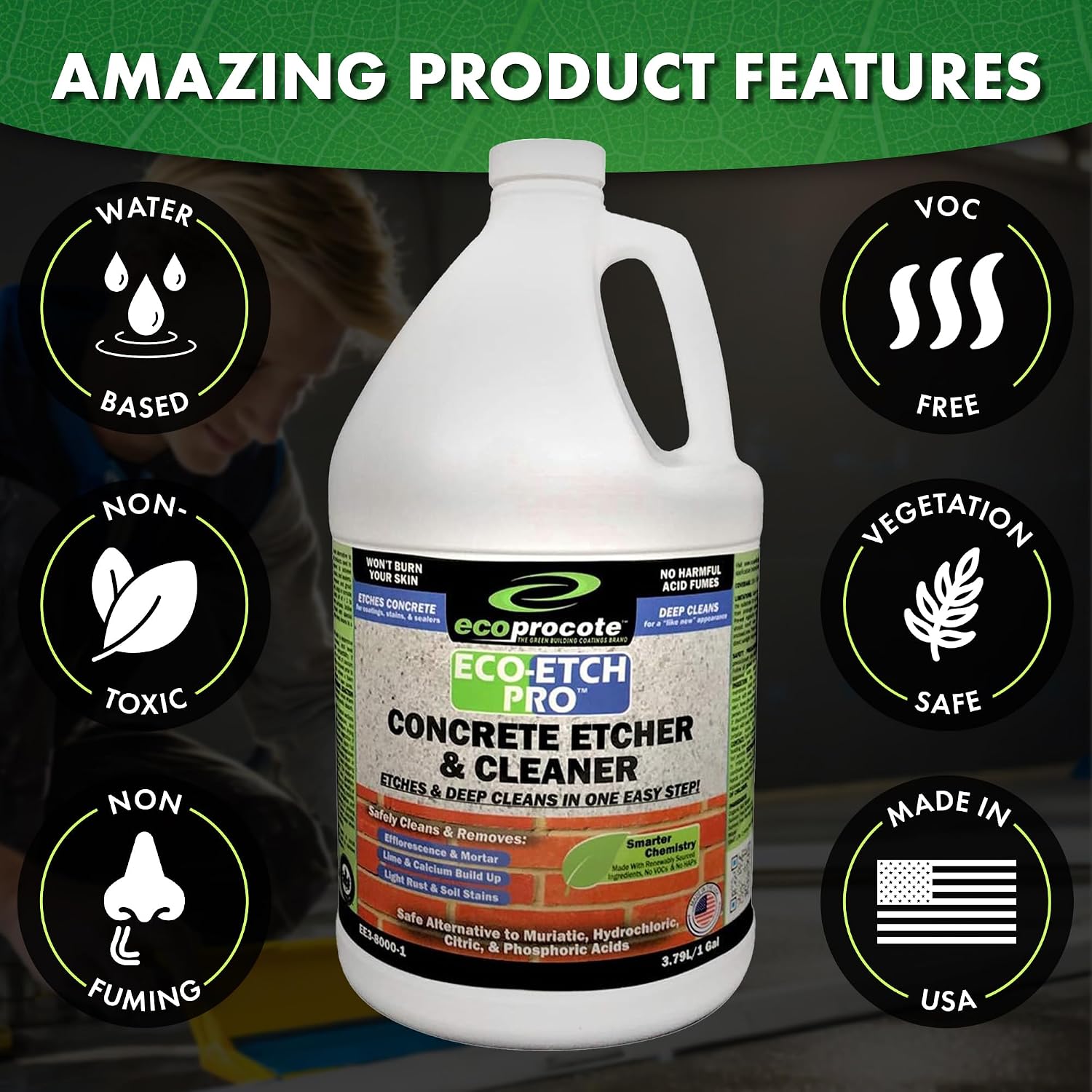 Eco Etch Pro Concrete Cleaner & Etcher Dissolver, Non-Toxic & Safe,1 Gallon | Efflorescence, Rust & Dirt Remover from