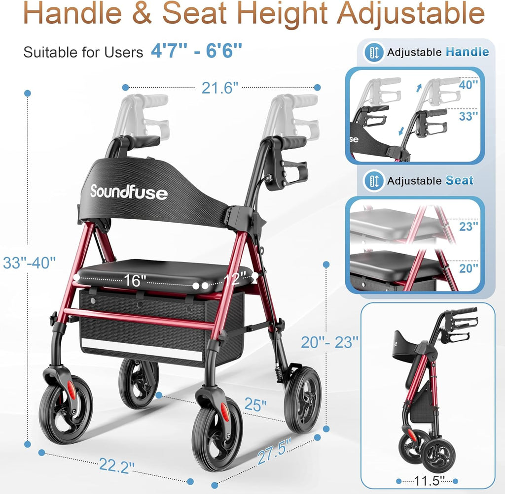 Walkers for Seniors, Rollator Walker with Seat, 8" All Terrain Wheels, Double Support Bar, 16" Ergonomic Arc Seat and