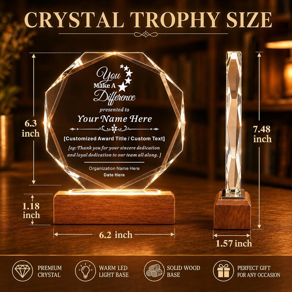 SHIP NEXT DAY, Custom Crystal Trophy Award, Engraved Plaque with LED Base