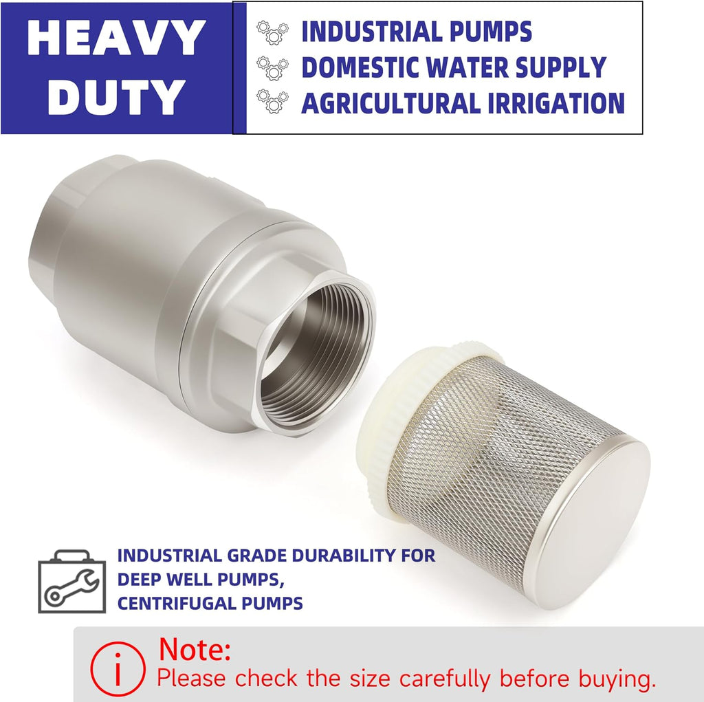 3/4" NPT Foot Valve with Filter, Stainless, Heavy Duty, Female Thread, DN20