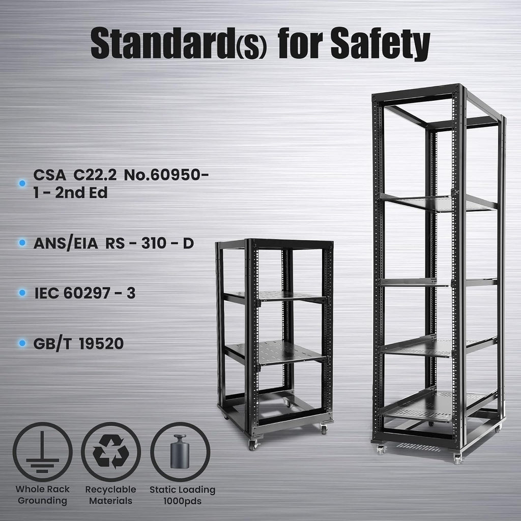 24U 4 Post Open Frame Network Server Rack 19inch Width 600mm deep with 3 Pairs of L Rail