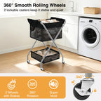 2-Tier Foldable Laundry Cart with Wheels, 75L Tall Rolling Laundry Hamper, Collapsible Laundry Basket with Removable