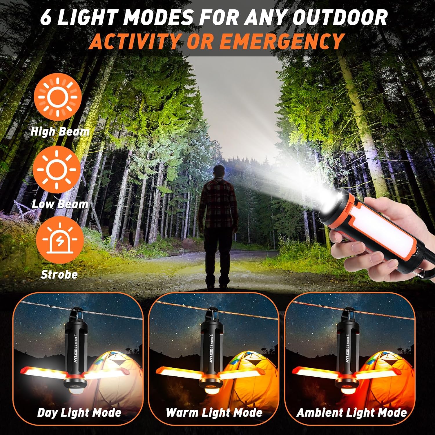 Portable LED Rechargeable Camping Lantern, AYL Lightweight USB Rechargeable Lamp LED Flashlight Survival Gear for