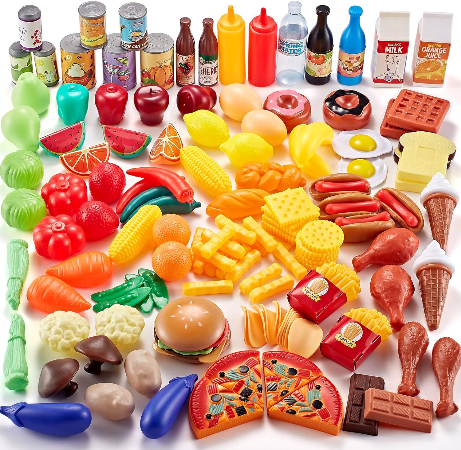 143 Piece Play Food for Kids Kitchen - Toy Assortment - Pretend Food for Toddler - Bonus Water Bottle + Deluxe Color
